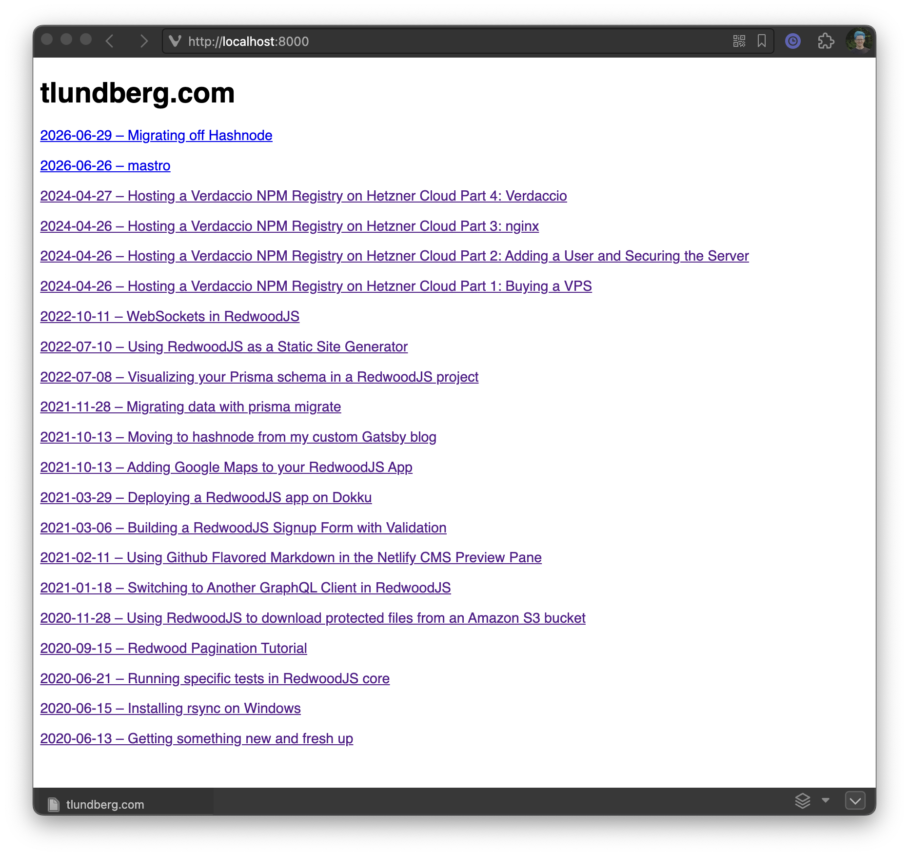 Screenshot of the blog with just a plain list of links to posts