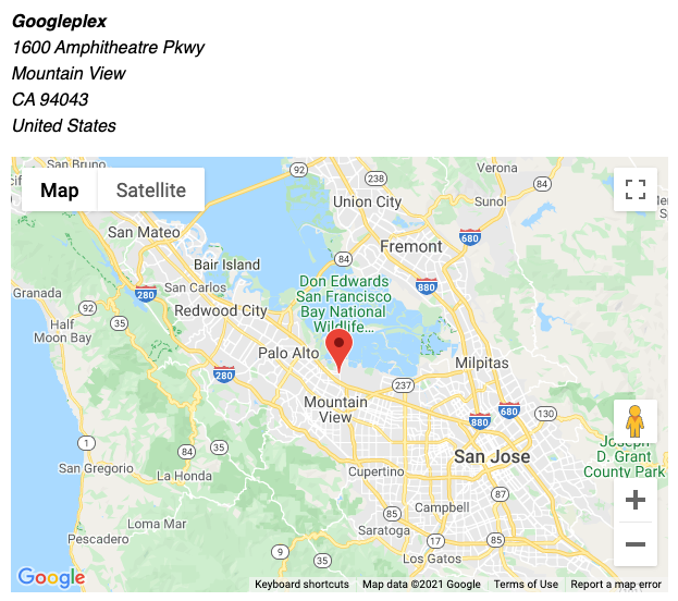 Screenshot of Google Maps showing the Googleplex