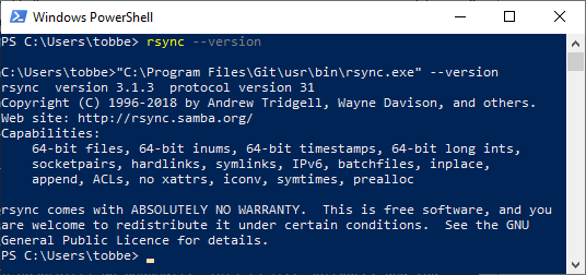 Screenshot of rsync running in PowerShell